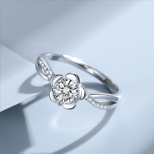 Sterling Silver S925 Peach Blossom Ring with Diamond Flowers Korean Light Luxury Index Finger Adjustable Ring