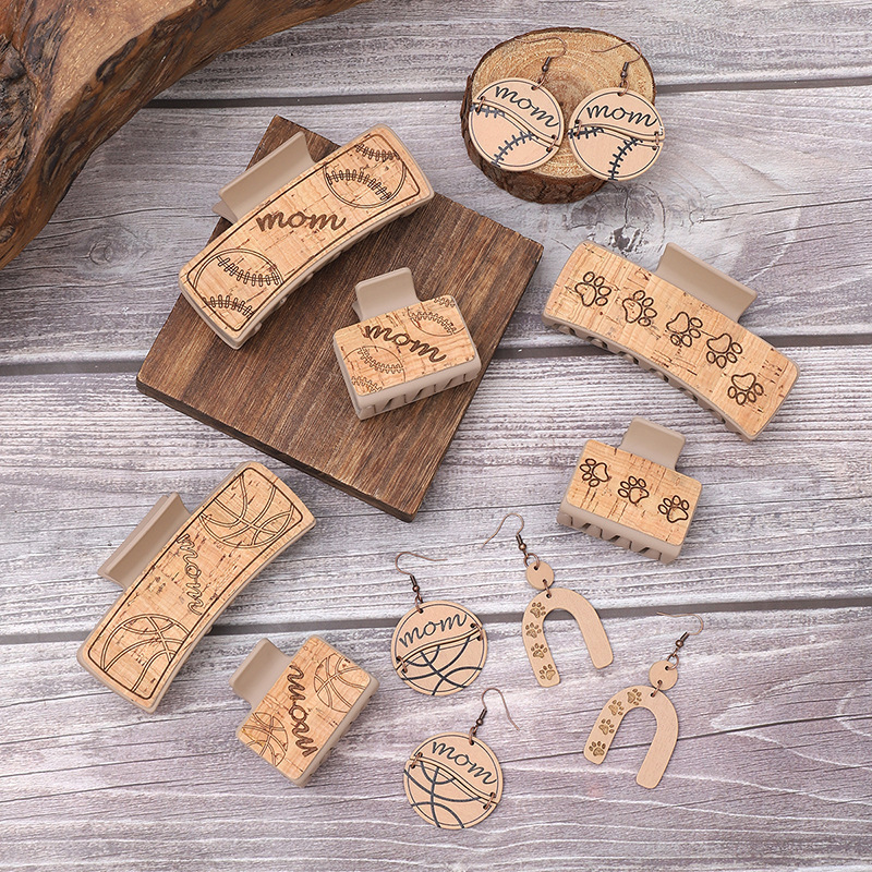 3pcs/Set Sporty Style Wood Hair Claw Earring Sets Baseball Basketball Pattern Hair Claw Clips with Earring Matched