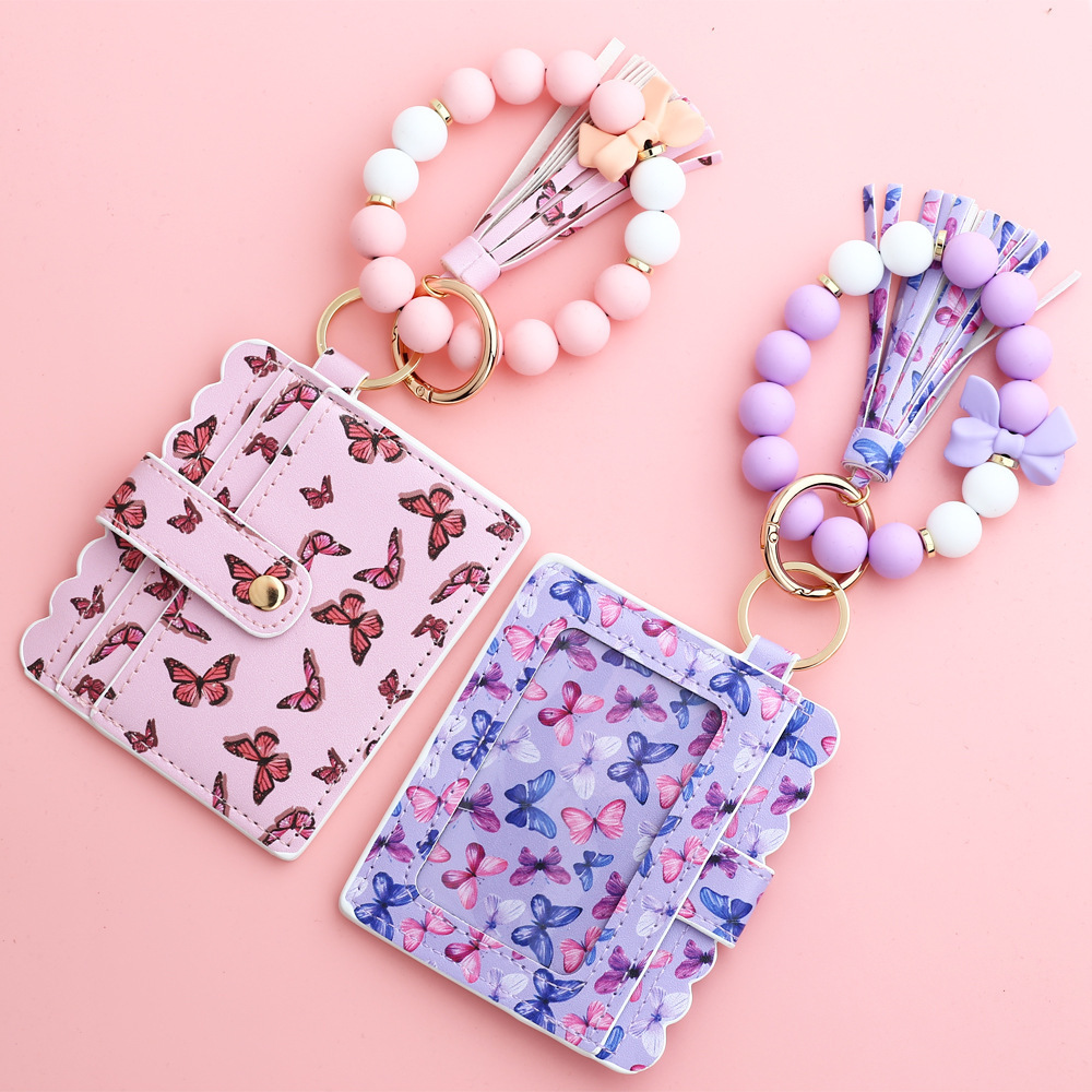 2024 Wholesale Outdoor Butterfly Printed Card Holder Wallet High Quality Silicone Beads Bracelet Keychain