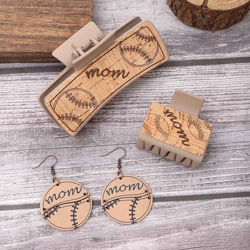 3pcs/Set Sporty Style Wood Hair Claw Earring Sets Baseball Basketball Pattern Hair Claw Clips with Earring Matched