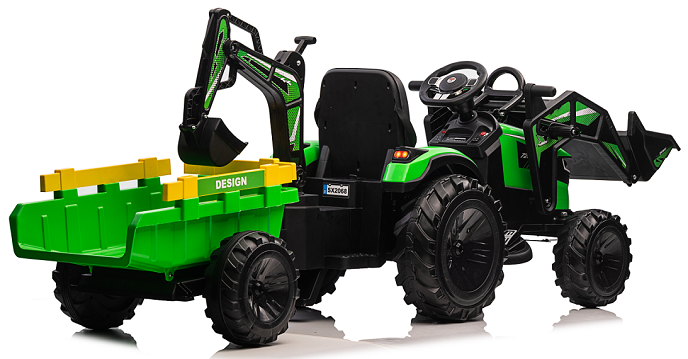 Battery Powered Electric Kids Tractor with Detachable Trailer, Front Loader and Backhoe Digger, Toddler Ride On Toy