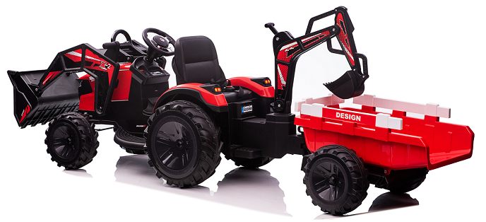 24V7Ah Ride on Tractor with Trailer, Front Loader and Backhoe Digger, Kids Electric Tractor with 2.4G Remote Control