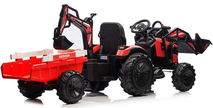 24V7Ah Ride on Tractor with Trailer, Front Loader and Backhoe Digger, Kids Electric Tractor with 2.4G Remote Control