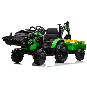 Battery Powered Electric Kids Tractor with Detachable Trailer, Front Loader and Backhoe Digger, Toddler Ride On Toy