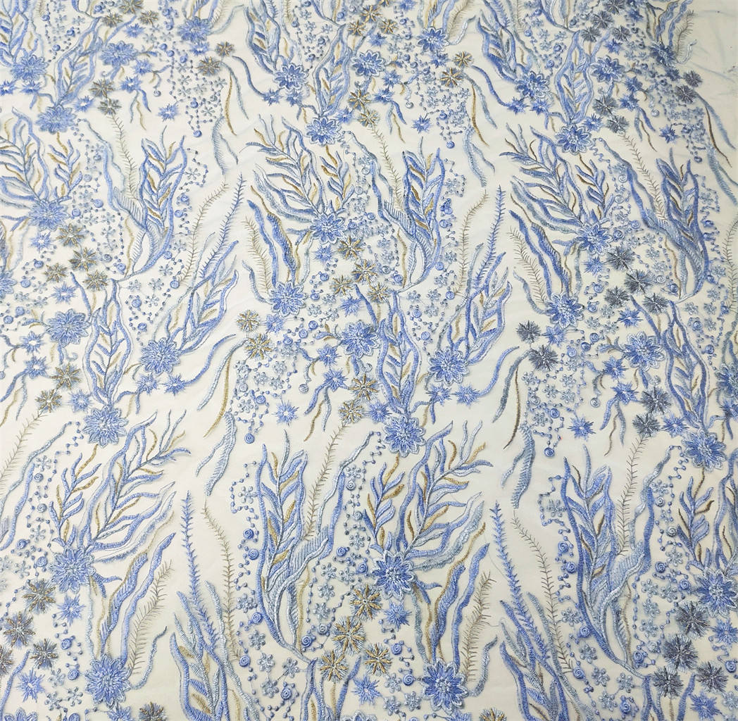 Blue Floral Mesh Embroidered French Lace African Luxury French Tulle Sequin Lace Fabric For Garment