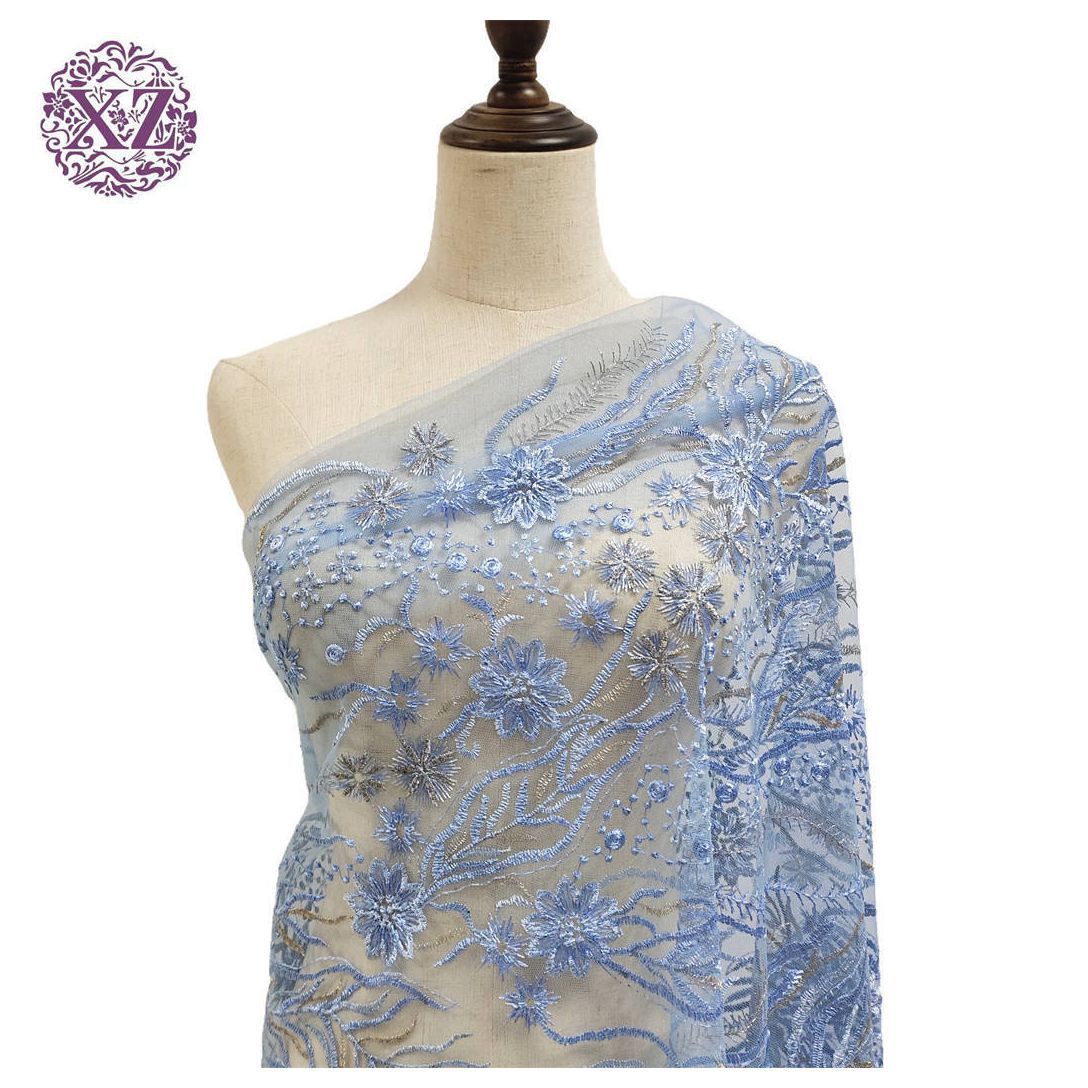 Blue Floral Mesh Embroidered French Lace African Luxury French Tulle Sequin Lace Fabric For Garment