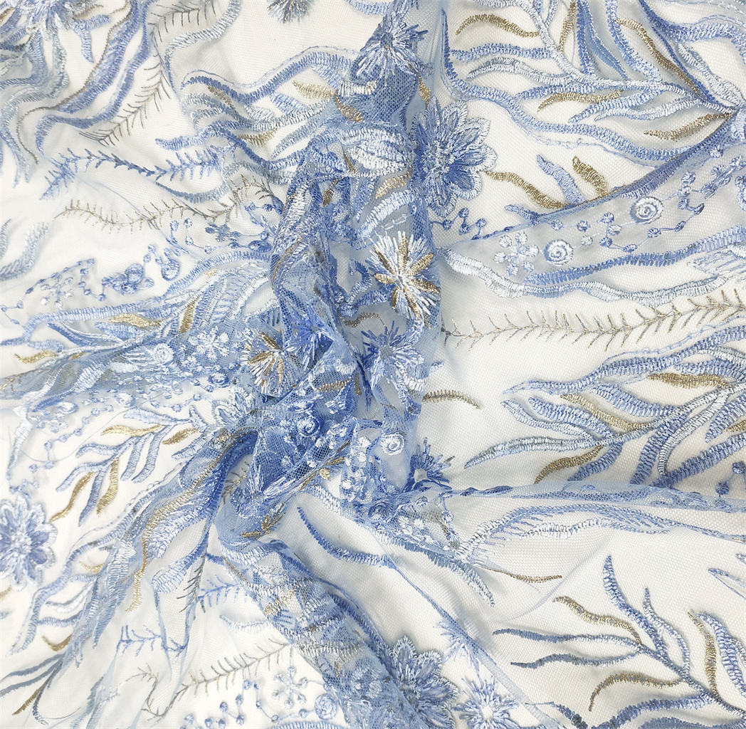 Blue Floral Mesh Embroidered French Lace African Luxury French Tulle Sequin Lace Fabric For Garment