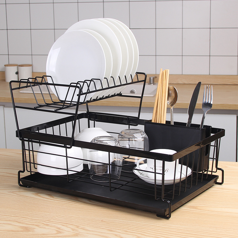 Metal Wire 2 Tier Layer Plate Kitchen Shelf Drying Dish Holder Adjustable Stand Organizer Storage Rack over Sink Custom Tray