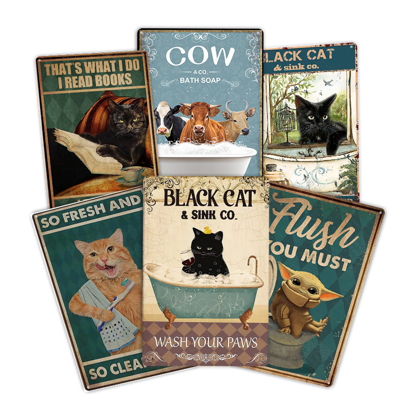 Amazon aliexpress hot sale black cat and bathtub toilet bathrooms decoration metal tin sign