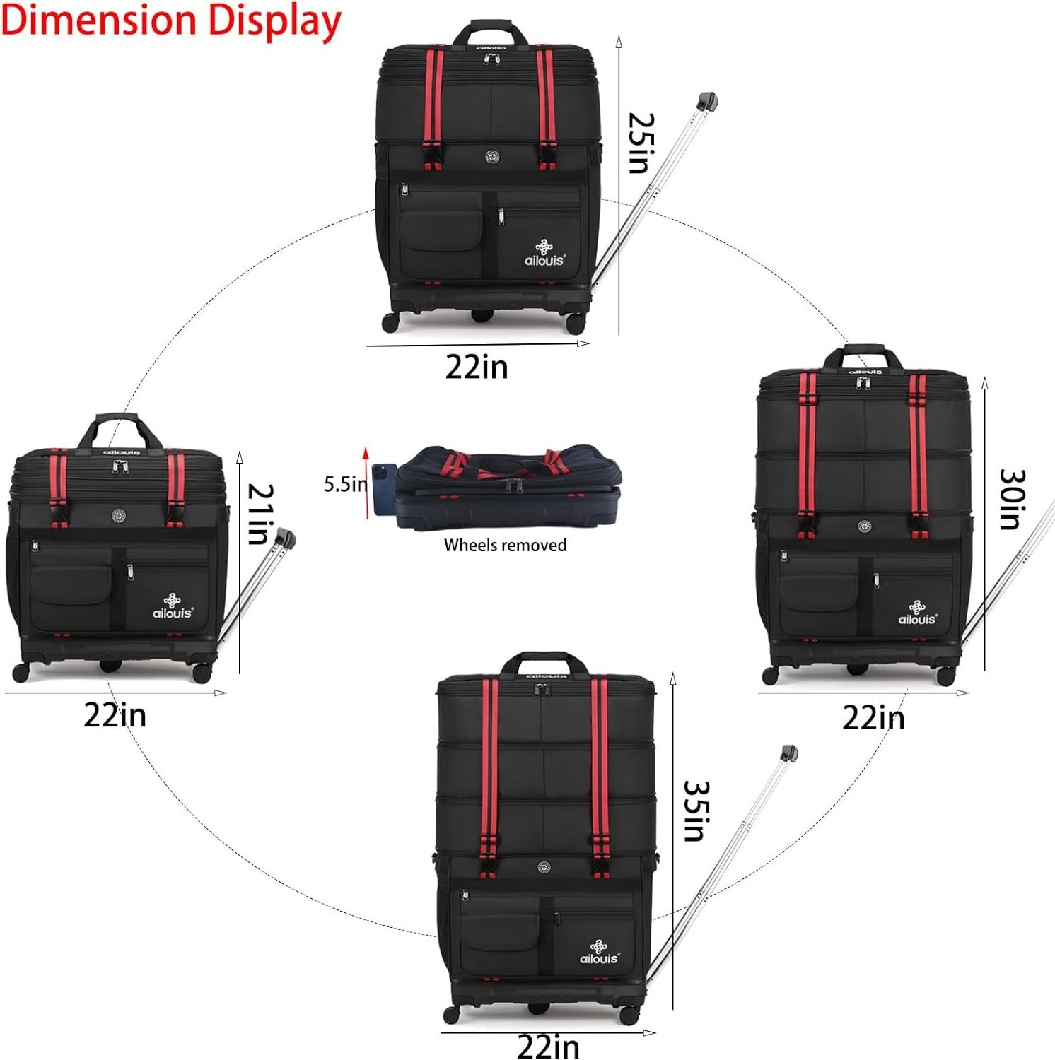 Expandable Foldable Duffel Bag with Telescopic Handle Foldable Luggage Bag with Removable Spinner Wheels Rolling Travel Bag