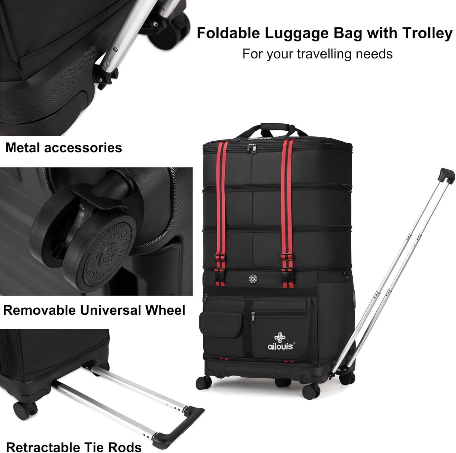 Expandable Foldable Duffel Bag with Telescopic Handle Foldable Luggage Bag with Removable Spinner Wheels Rolling Travel Bag