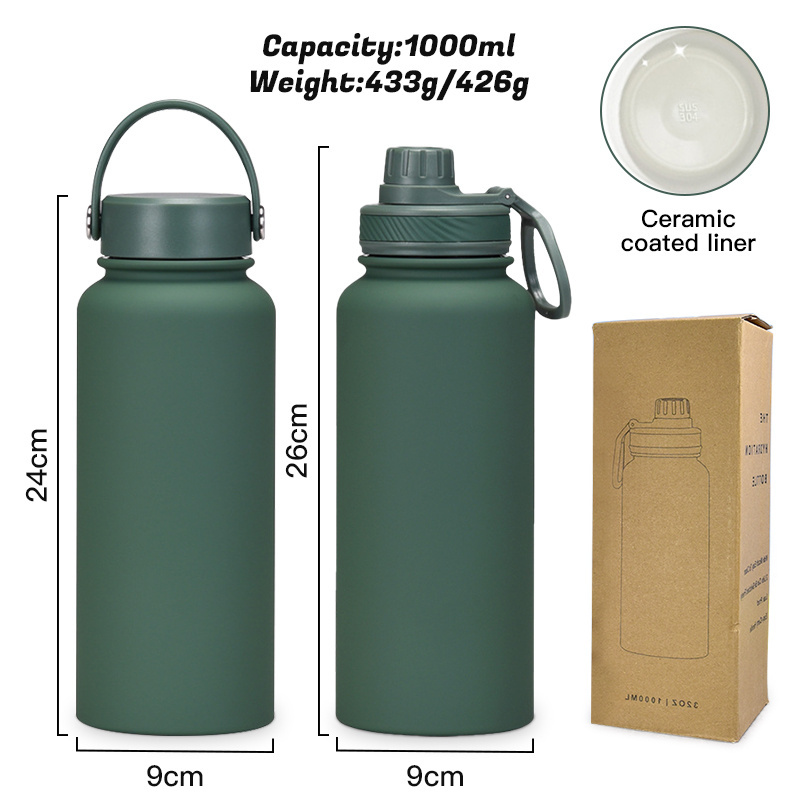 Portable 1L Stainless Steel Bottle Double Wall Insulated Vacuum Flask matte rubber Powder Coated Metal Water Bottle for Sports