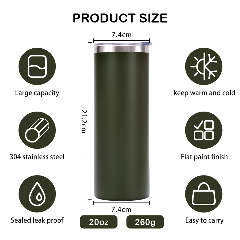 Custom Logo 20 oz UV powder coated Straight Cup Double Wall Stainless Steel Insulated Slim Skinny Tumbler with Straw Lid