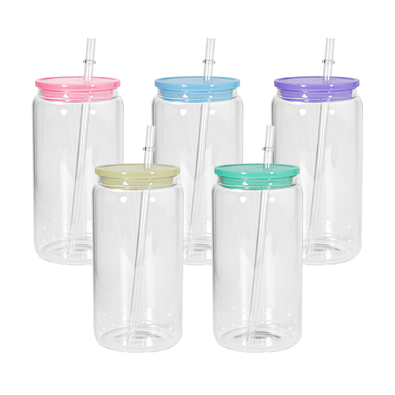 Wholesale New Style Customized Logo 16oz  Sublimation Clear Glass Tumbler with Straw Colorful Plastic Lids