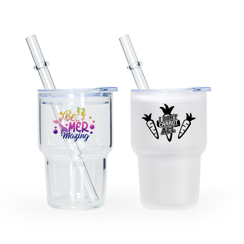 Wholesale frosted sublimation blanks 3oz mini shot glass clear glass tumbler with straw and lid