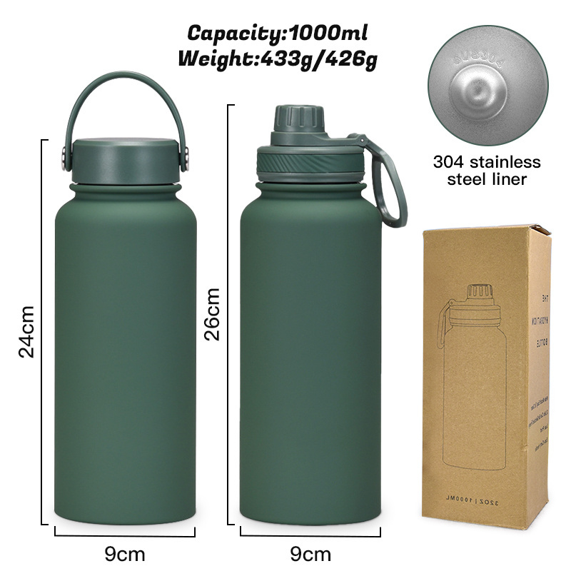 Portable 1L Stainless Steel Bottle Double Wall Insulated Vacuum Flask matte rubber Powder Coated Metal Water Bottle for Sports