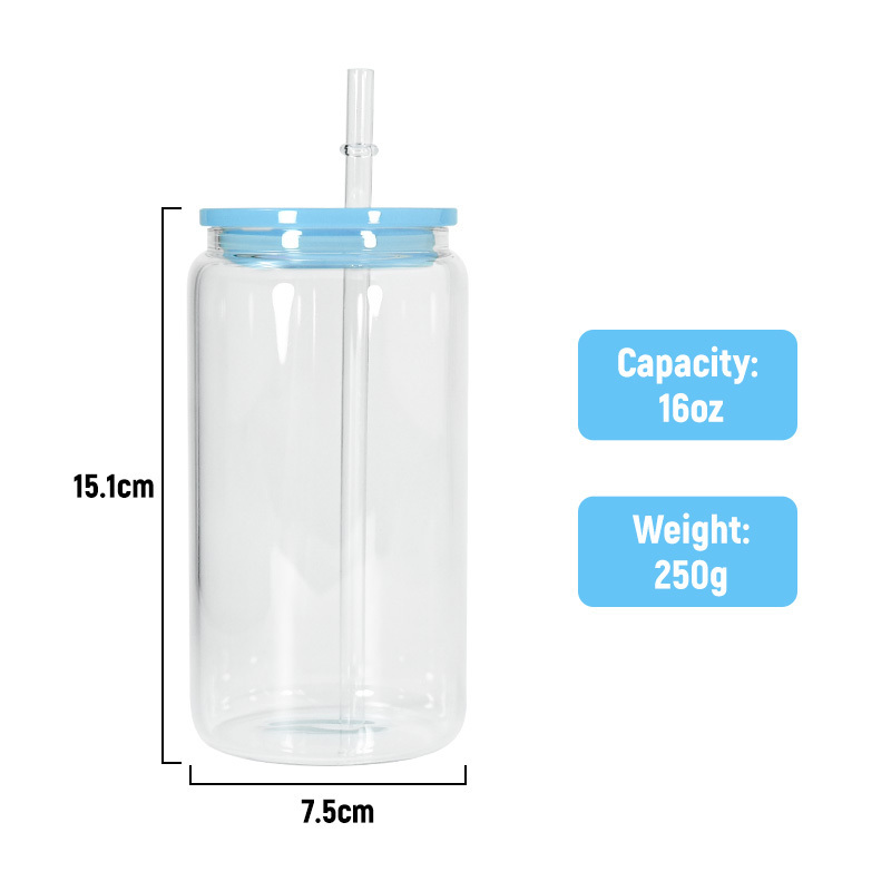 Wholesale New Style Customized Logo 16oz  Sublimation Clear Glass Tumbler with Straw Colorful Plastic Lids