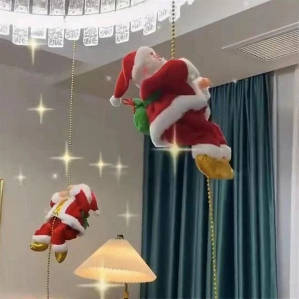 Santa Claus Climbing Beads Electric Climbing Christmas Figurine Decoration For Shop Home Christmas Tree Hanging Decor With Music