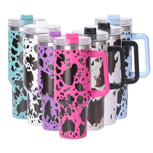 40 oz Quencher H1.0 Flowstat Handle Tumbler Stainless Steel Cow pattern Travel Mugs Reusable Thermos Bottles American Style Mugs