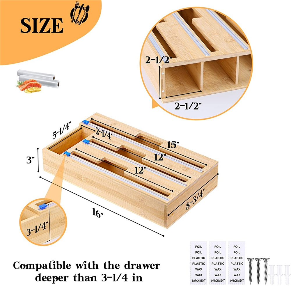 Organisateur De Tiroirs Kitchen Drawer Organizer Bamboo Foil Wax Paper Wood Plastic Wrap Dispenser with Slide Cutter