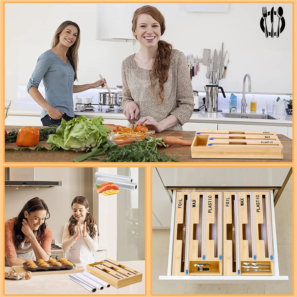 Organisateur De Tiroirs Kitchen Drawer Organizer Bamboo Foil Wax Paper Wood Plastic Wrap Dispenser with Slide Cutter