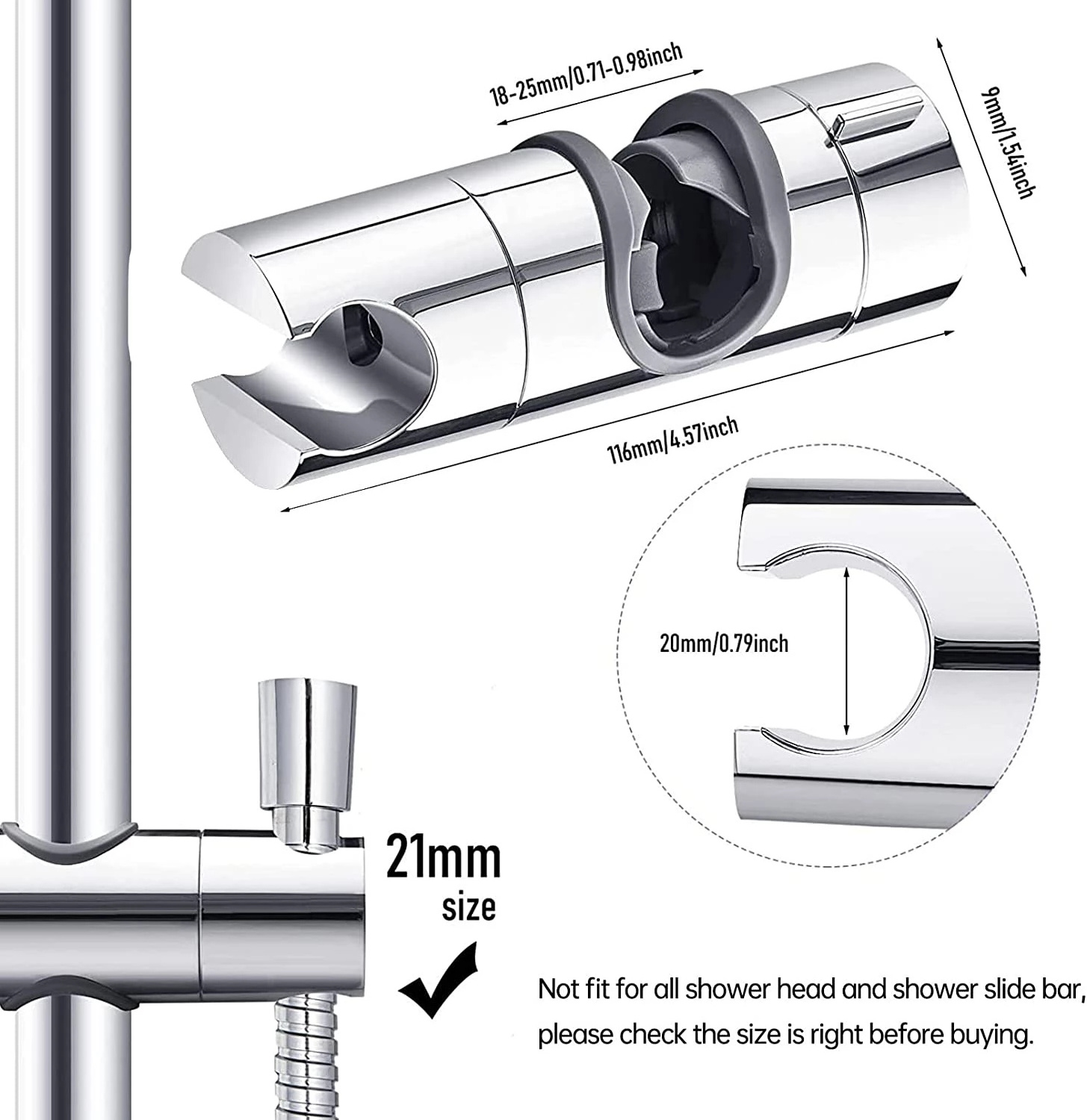 Replacement Hand Shower Bracket for Slide Bar 18-25MM Adjustable Rail Shower Head Holder Chrome Finished