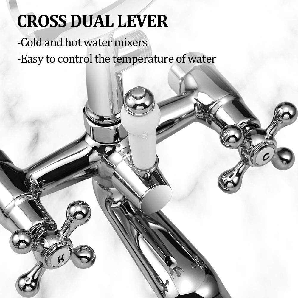 Bathroom Wall Mount Brushed Bathtub Faucet with Hand Shower Sprayer Faucet Double Cross Handle Telephone Shaped Handheld Spr