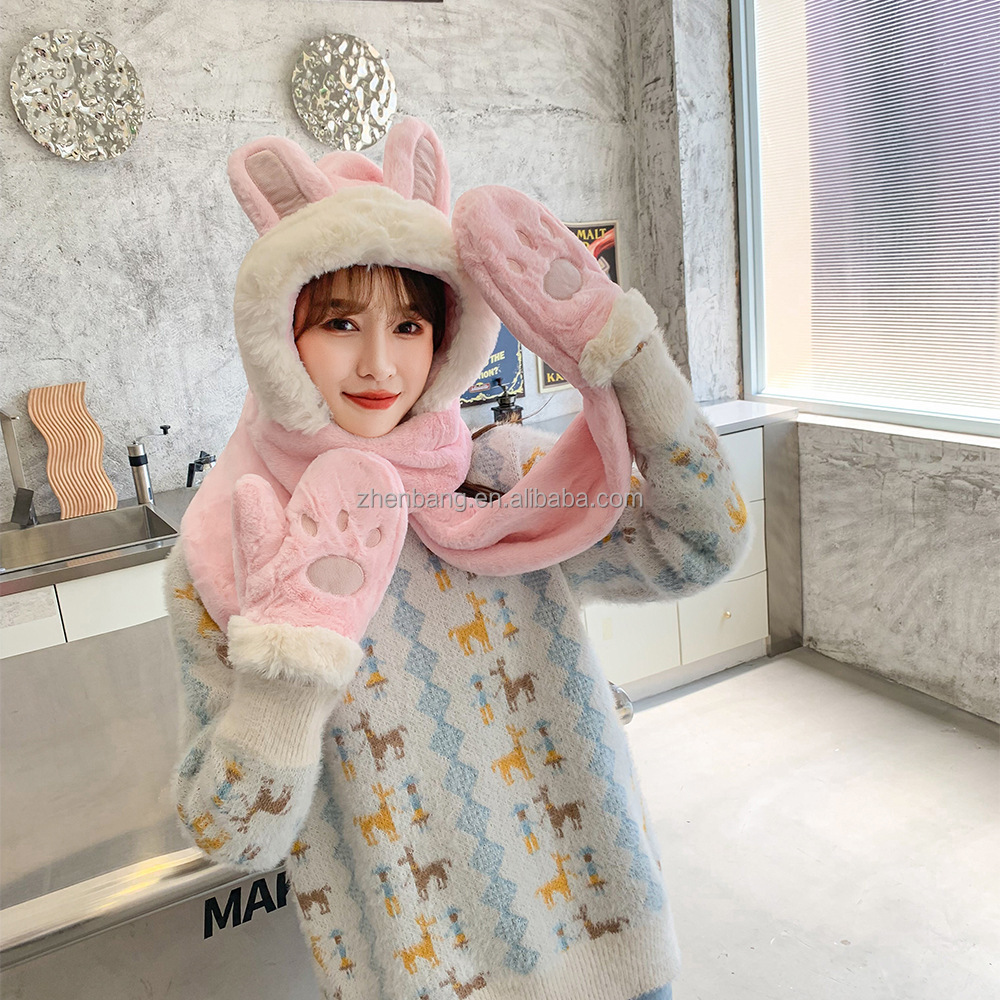 The new Korean version of the small rabbit ears hat scarf gloves one winter warm hat scarf gloves three-piece set