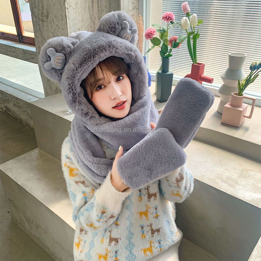 The new Korean version of the small rabbit ears hat scarf gloves one winter warm hat scarf gloves three-piece set