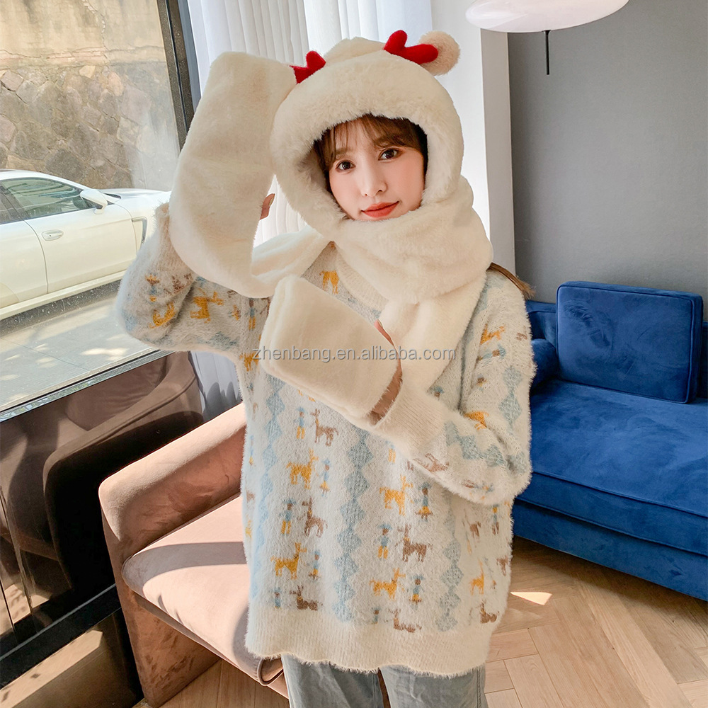 The new Korean version of the small rabbit ears hat scarf gloves one winter warm hat scarf gloves three-piece set