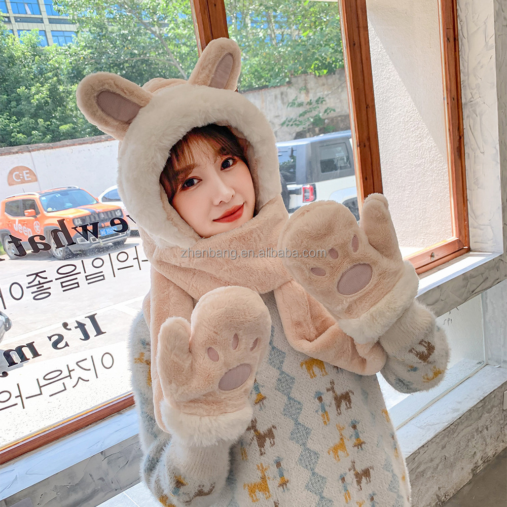 The new Korean version of the small rabbit ears hat scarf gloves one winter warm hat scarf gloves three-piece set