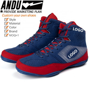 Wholesale OEM Custom Men Boxing Shoes Rubber Outsole Breathable Sneakers White Blue Wrestling Shoes Fitness Powerlifting Shoes