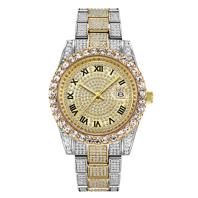 Luxury Gold Silver 12 Designs Iced Out Alloy Watchband Bling Rhinestone Hip Hop Round Men's Quartz Watch