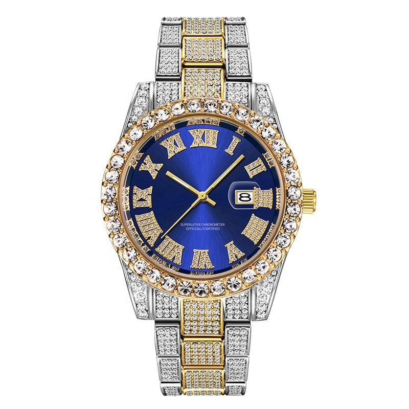 Luxury Gold Silver 12 Designs Iced Out Alloy Watchband Bling Rhinestone Hip Hop Round Men's Quartz Watch