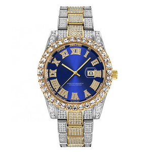 Luxury Gold Silver 12 Designs Iced Out Alloy Watchband Bling Rhinestone Hip Hop Round Men's Quartz Watch