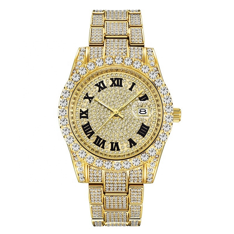 Luxury Gold Silver 12 Designs Iced Out Alloy Watchband Bling Rhinestone Hip Hop Round Men's Quartz Watch