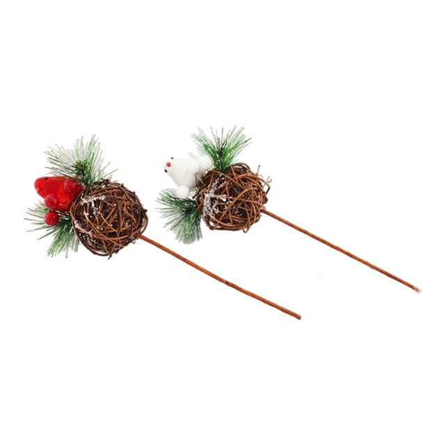 Natual Rattan Ball Christmas Picks Branch Bird Figurine Spray Snow Decoration Artificial Christmas Picks And Sprays