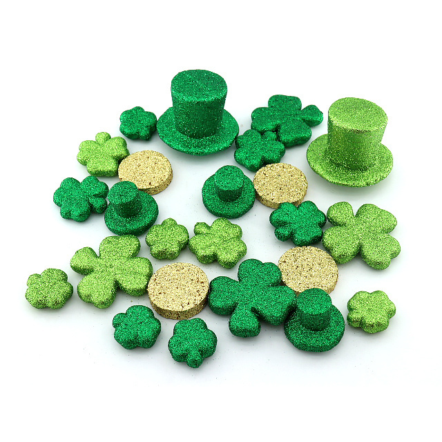 Custom Plastic Spring Decoration New Cute Mini Polyfoam Wool Felt Shamrocks Green Glitter Trees Leaf Shape