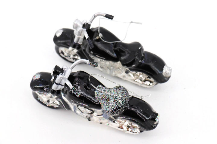 Best Sale Holiday Black Motorcycle shape Hanging Decoration Glass Glitter Christmas Ornament kid gift car decor