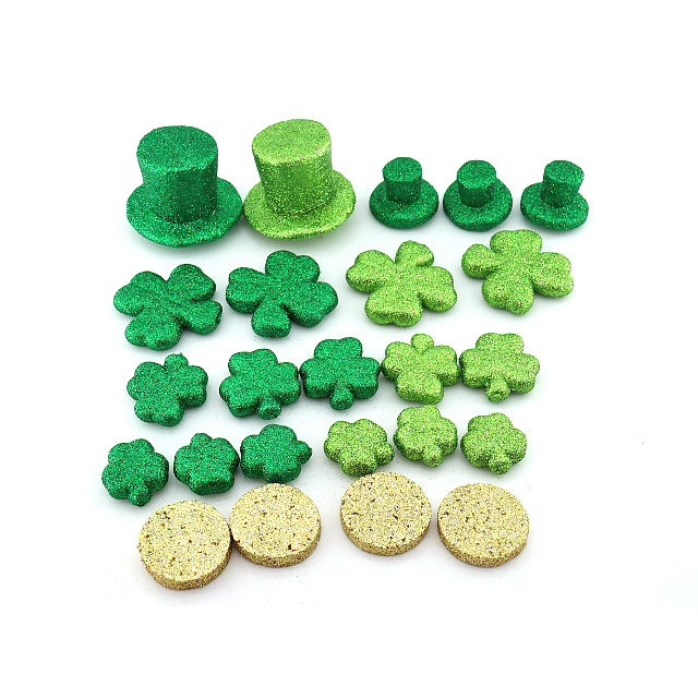 Custom Plastic Spring Decoration New Cute Mini Polyfoam Wool Felt Shamrocks Green Glitter Trees Leaf Shape