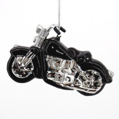 Best Sale Holiday Black Motorcycle shape Hanging Decoration Glass Glitter Christmas Ornament kid gift car decor