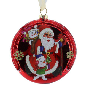 2023 Hot Sale Flat ball 10cm Colorful Santa Claus pattern Decorative glass Christmas Ball Ornament For Indoor Home Decoration