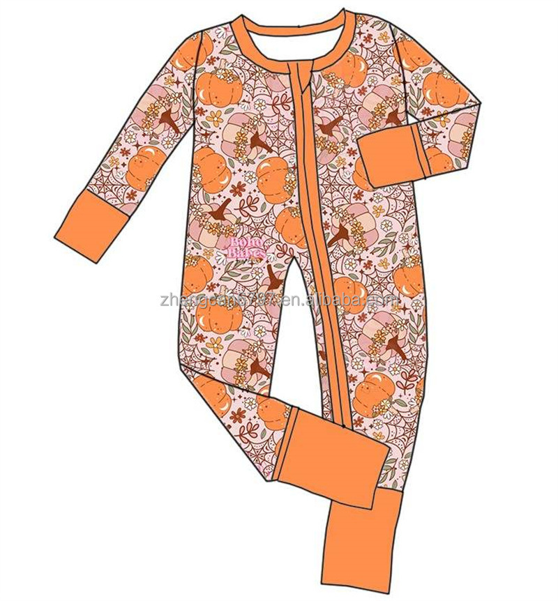 Wholesale Halloween Bamboo Polyester Baby Romper Pumpkin Pattern Long Sleeves Fashion Jumpsuit For Toddler Girl Kid Zippy Onesie