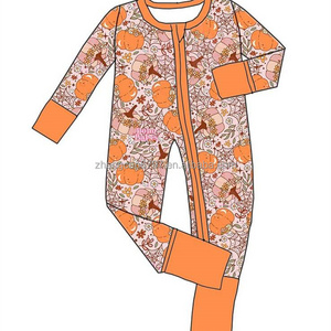 Wholesale Halloween Bamboo Polyester Baby Romper Pumpkin Pattern Long Sleeves Fashion Jumpsuit For Toddler Girl Kid Zippy Onesie