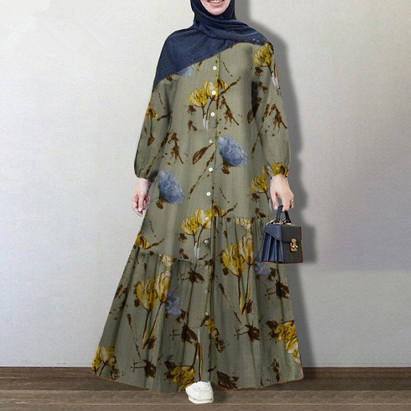 Vintage Muslim Printed Dress Women's Spring Sundress 2022 Casual Long Sleeve Floral Abaya Maxi Vestidos Robe