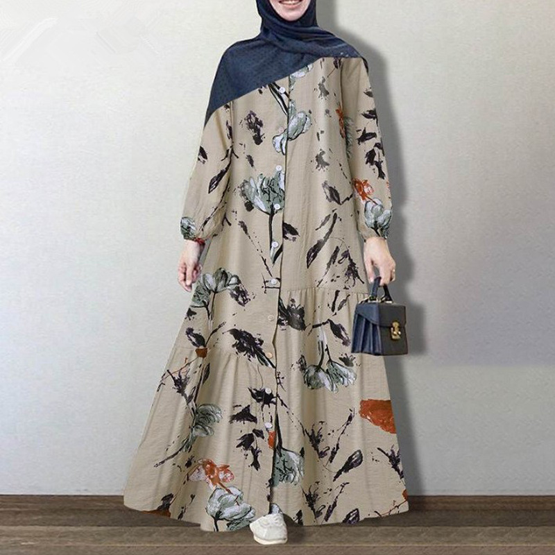 Vintage Muslim Printed Dress Women's Spring Sundress 2022 Casual Long Sleeve Floral Abaya Maxi Vestidos Robe