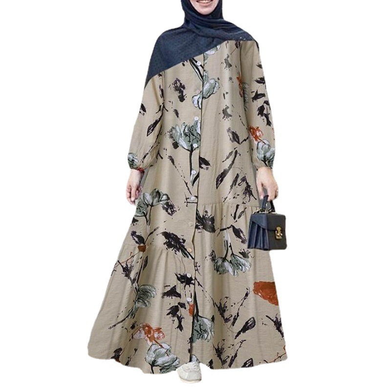 Vintage Muslim Printed Dress Women's Spring Sundress 2022 Casual Long Sleeve Floral Abaya Maxi Vestidos Robe