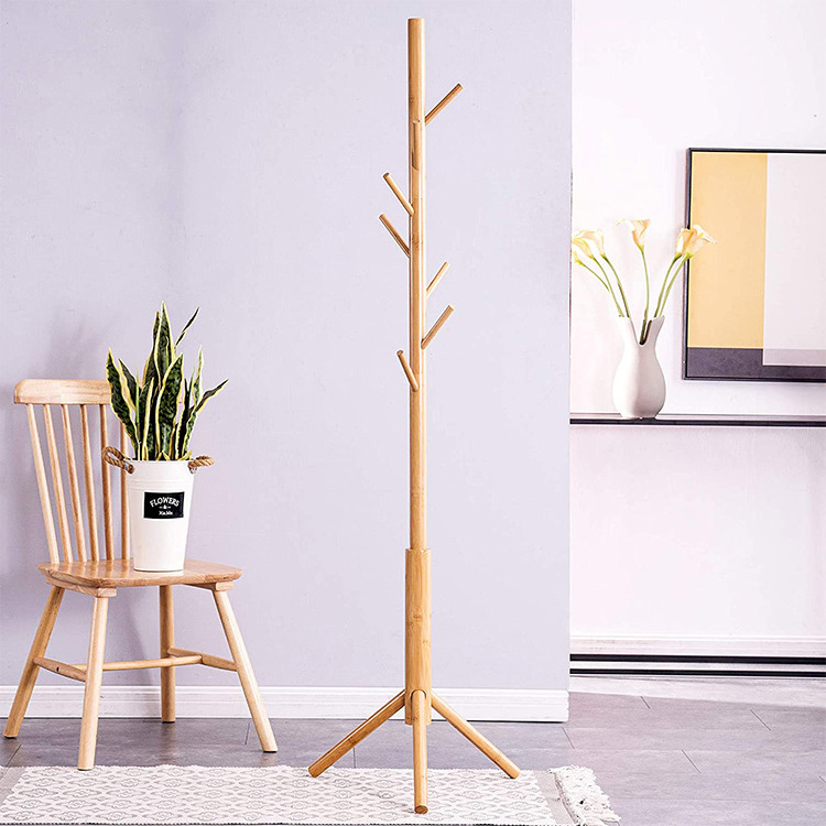 Space saving luxury wood floor cactus tree standing clothing bag coat rack bamboo coat hanger stand for office