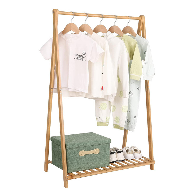 Small Clothes Rack Kids Dress Up Storage for Playroom, Toddlers Bedroom, Bamboo Child Garment Rack with Storage Shelf