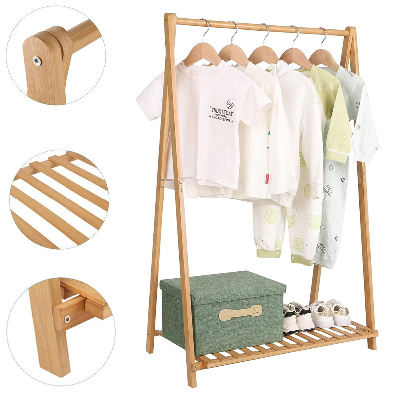 Small Clothes Rack Kids Dress Up Storage for Playroom, Toddlers Bedroom, Bamboo Child Garment Rack with Storage Shelf